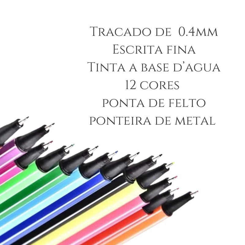 Kit 12 Canetas Cores Coloridas Ponta Fina 0.5mm