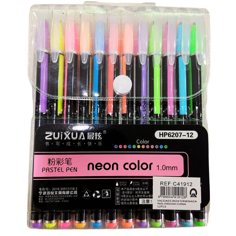 Kit 12 Canetas Gel Coloridas Perfumadas Glitter Neon