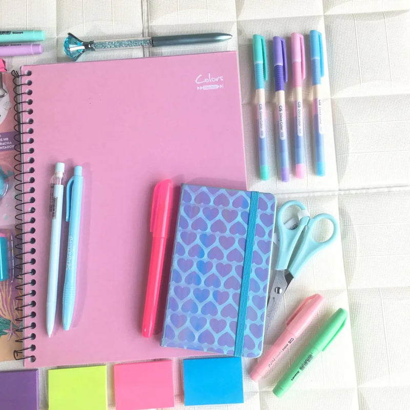 Kit Tons Pasteis Neon Caderno Caneta Marca Texto