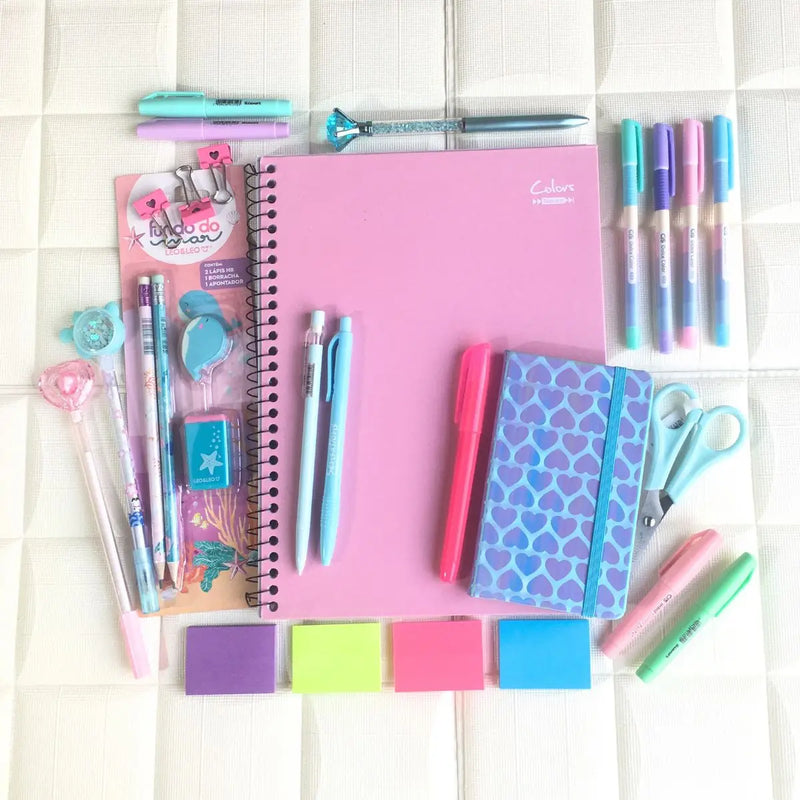 Kit Tons Pasteis Neon Caderno Caneta Marca Texto