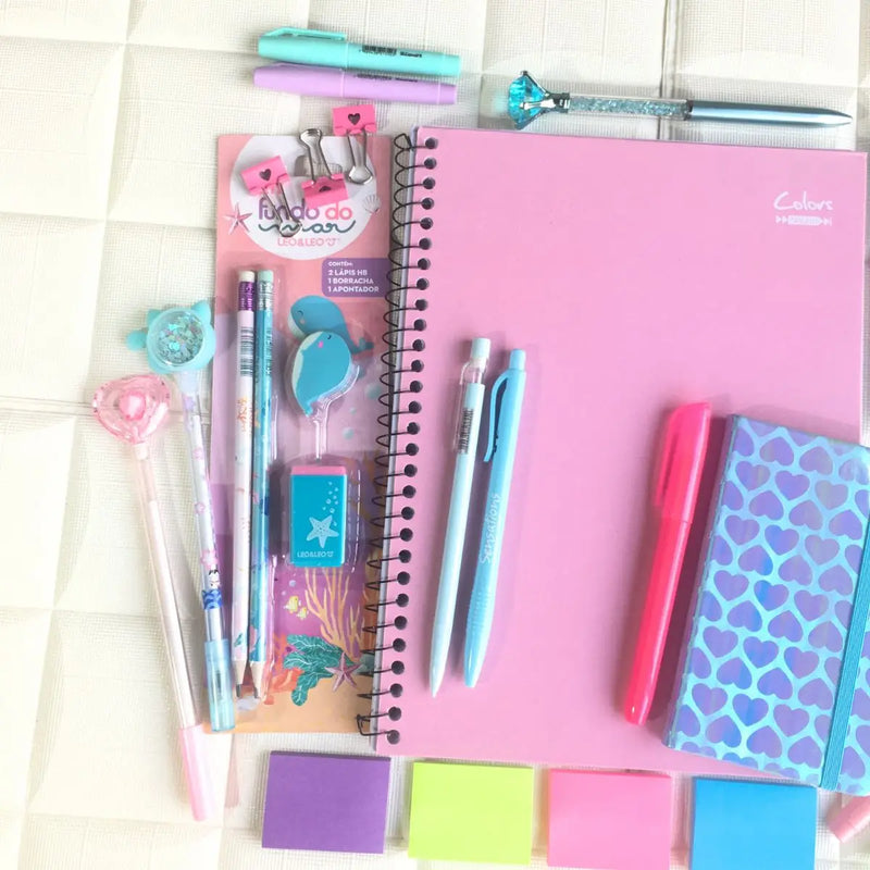 Kit Tons Pasteis Neon Caderno Caneta Marca Texto